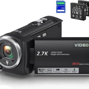 Video Camera Camcorder, QHD 2.7K Camcorder 50MP 16X Digital Video Camera for YouTube, 2.8'' 270 Degree Rotation Screen Video Recorder Vlogging Camera with 32GB Card and Two Batteries