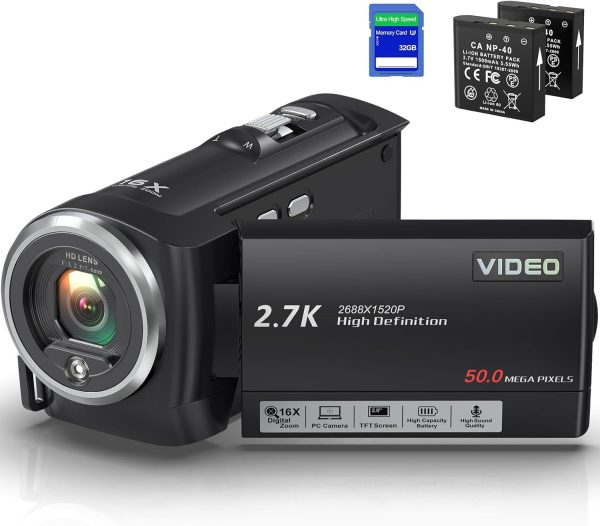 Video Camera Camcorder, QHD 2.7K Camcorder 50MP 16X Digital Video Camera for YouTube, 2.8'' 270 Degree Rotation Screen Video Recorder Vlogging Camera with 32GB Card and Two Batteries