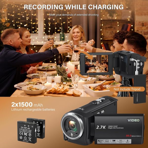 Video Camera Camcorder Digital Camera Recorder Full HD 1080P 15FPS 24MP 3.0 Inch 270 Degree Rotation LCD 16X Digital Zoom Camcorder Camera with 2 Batteries(Black) - Image 4