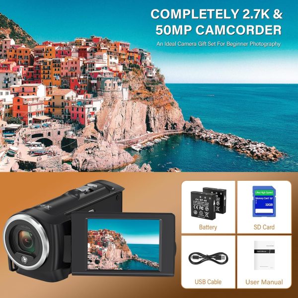 Video Camera Camcorder, QHD 2.7K Camcorder 50MP 16X Digital Video Camera for YouTube, 2.8'' 270 Degree Rotation Screen Video Recorder Vlogging Camera with 32GB Card and Two Batteries - Image 7