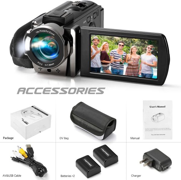 Video Camera Camcorder Digital Camera Recorder Full HD 1080P 15FPS 24MP 3.0 Inch 270 Degree Rotation LCD 16X Digital Zoom Camcorder Camera with 2 Batteries(Black) - Image 8